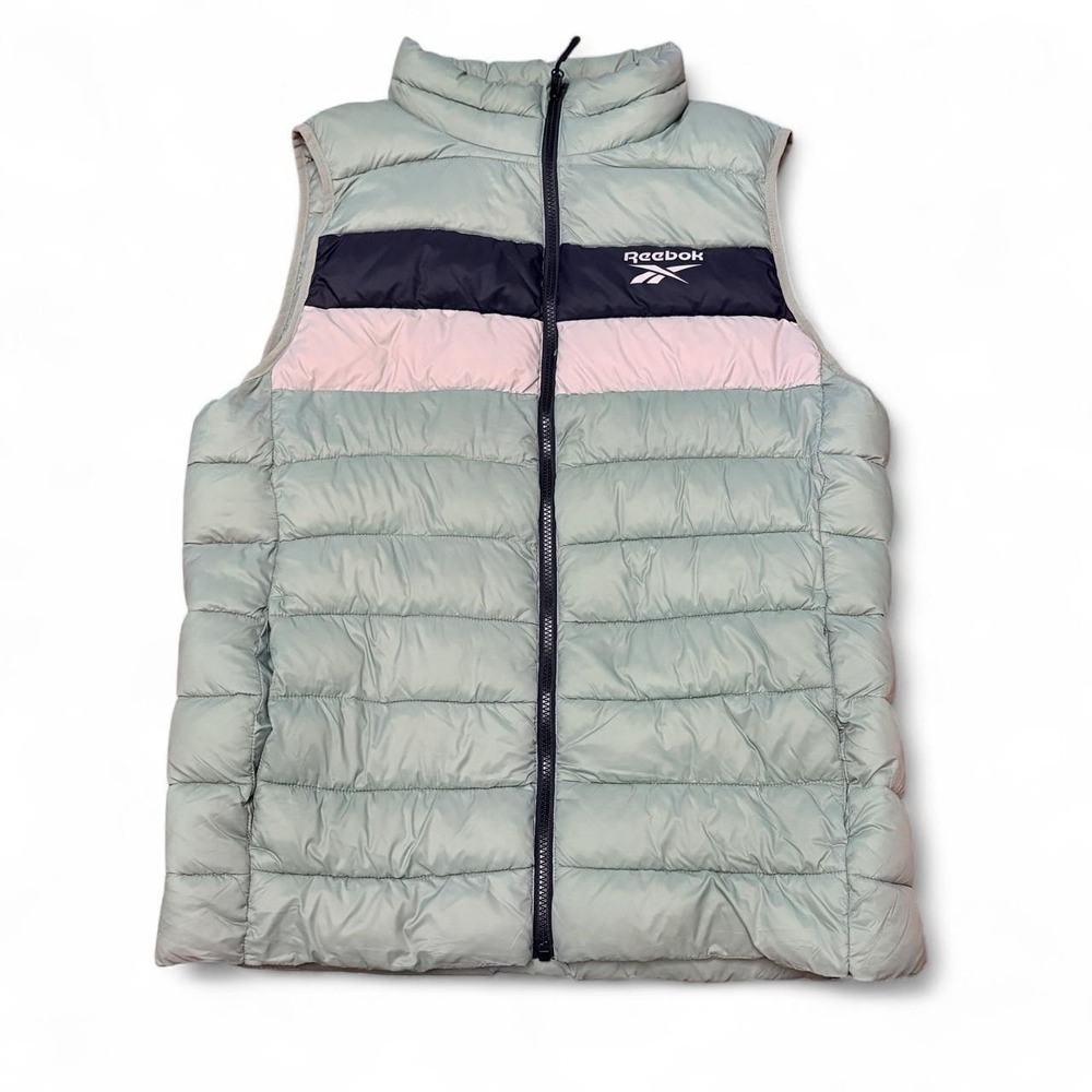 Reebok Vector Colorblock Puffer Vest Mens L Sage Green Gray Black Y2K Streetwear